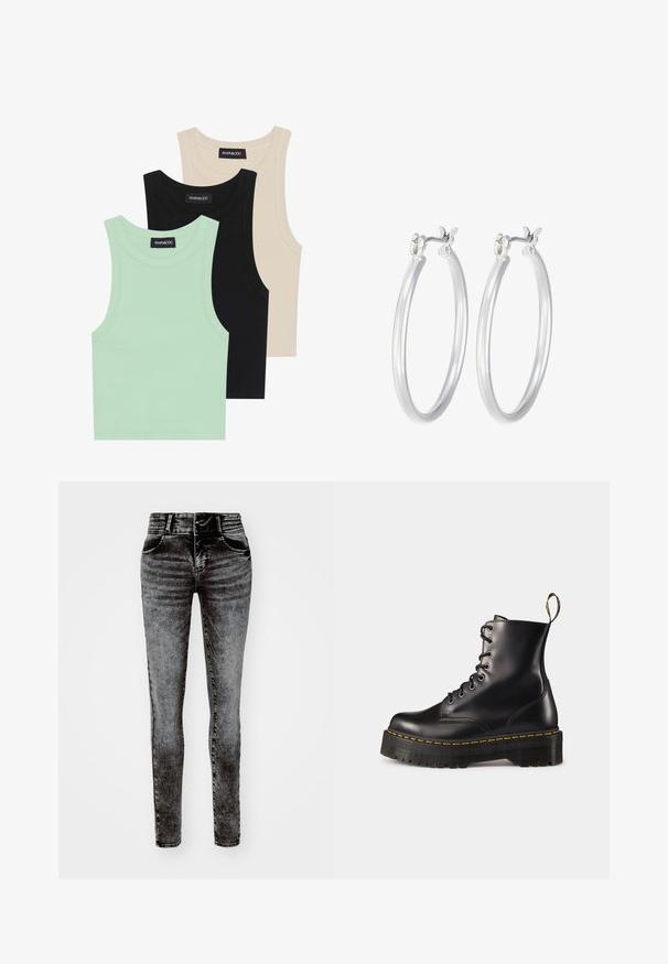 Trīs bezpiedurkņu topi mint zaļā, melnā un bēšā krāsā; izgatavoti no ribotas auduma ar apaļu dekoltē. Redzama zīmola etiķete.; Šauri džinsi izbalinātā melnā tonī, ar augstu viduci, ribotu jostas daļu, divām priekšējām kabatām un izsmalcinātiem šuvju detaļām.; Melnas ādas lakotās potītes ar masīvu melnu zoli un dzelteno šuvju. Izvērsta cilpa aizmugurē un apaļie metāla acu caurumi.; Sudraba riņķveida auss gredzeni ar gludu, pulētu apdari. Apaļa forma un drošs klikšķa augšējais slēgums. Viegls dizains, kas piemērots ikdienas valkāšanai.