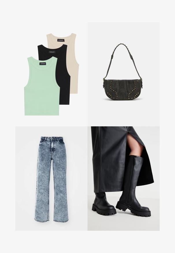 Tre tank topper i mintgrønn, svart og beige; laget av ribbestrikket stoff med rund hals og uten ermer. Merket synlig.; Blå denimjeans med vid benform, høy midje og subtil falmet tekstur. Har fem lommer og en knappestolpe foran.; Svarte knelhøye støvler med en tykk såle, glatt skinntekstur, glidelås på siden og minimalistisk design, kombinert med et svart skjørt med splitt.; Svart semsket håndveske med en buet design, med nagle detaljer og en teksturert overflate. Justerbar stropp med nagler langs kanten.; Sølv dråpeøreringer med flere klare rhinestones, med et kaskadedesign og teksturerte overflater, satt mot en nøytral bakgrunn.