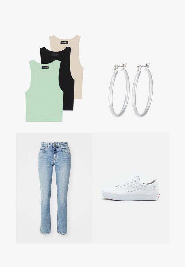 Trīs bezpiedurkņu topi mint zaļā, melnā un bēšā krāsā; izgatavoti no ribotas auduma ar apaļu dekoltē. Redzama zīmola etiķete.; Gai zilgani džinsi ar augstu jostasvietu, taisnu kāju griezumu un vieglu izbalējumu. Izcelta klasiskā piecu kabatu stila un pogu aizdare.; Baltas audekla sporta apavi ar zemu topu, apaļu purngalu, sasaistes aizdari, mīkstinātu apkakli un rakstainu iekšējo oderi. Sarkans logo uz papēža.; Sudraba riņķveida auss gredzeni ar gludu, pulētu apdari. Apaļa forma un drošs klikšķa augšējais slēgums. Viegls dizains, kas piemērots ikdienas valkāšanai.