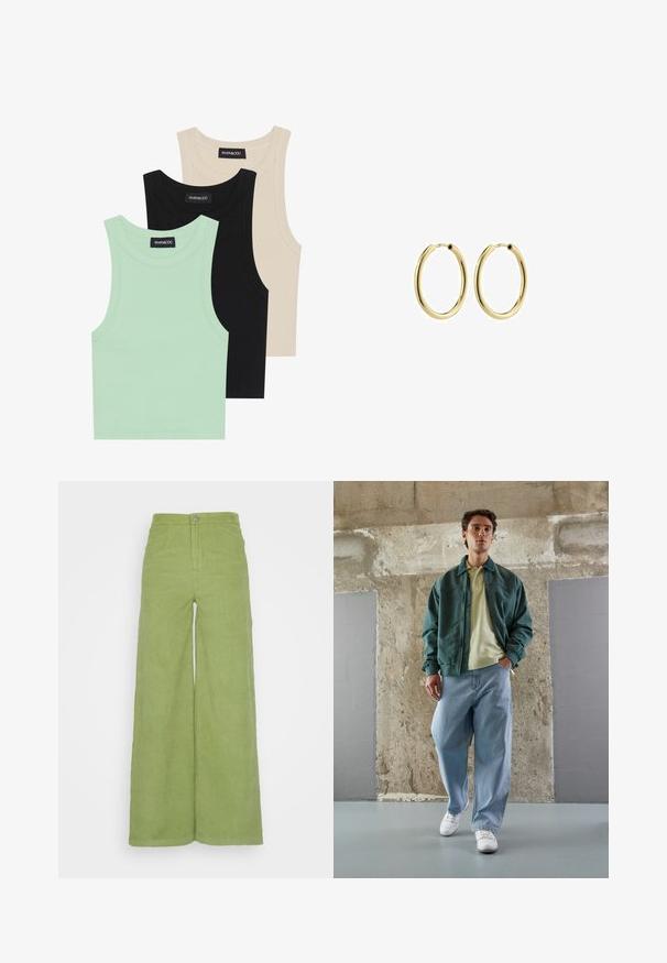 Trois débardeurs en vert menthe, noir et beige ; fabriqués en tissu côtelé avec un col rond et sans manches. Étiquette de marque visible.; Pantalon large en velours côtelé vert avec une taille haute, présentant des côtes verticales, une fermeture à bouton en métal et deux poches latérales.; Veste aviateur verte sur un polo jaune clair, associée à un jean bleu décontracté et des baskets blanches. Tissus lisses, coupe décontractée, matériel minimal.; Boucles d'oreilles en métal doré avec une finition lisse, de forme circulaire et un fermoir sécurisé. Surface polie sans motifs ni accents visibles.