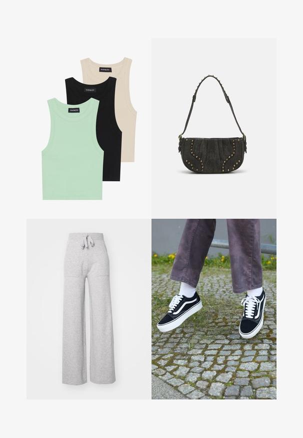 Trīs bezpiedurkņu topi mint zaļā, melnā un bēšā krāsā; izgatavoti no ribotas auduma ar apaļu dekoltē. Redzama zīmola etiķete.; Pelēki brīva griezuma sporta bikses, izgatavotas no mīksta auduma, ar elastīgu jostu, auklu un divām sānu kabatām. Gluda tekstūra, ikdienišķs dizains.; Melni zamšādas sporta apavi ar baltiem akcentiem, ar apaļu purngalu, biezu baltu zoli un klasisku šņorēšanas dizainu, uzvilkti ar baltām zeķēm un violetām biksēm.; Melna zamša soma ar izliekumu, ar kniedēm un teksturētu virsmu. Regulējams siksna ar izšuvumiem gar maliņu.