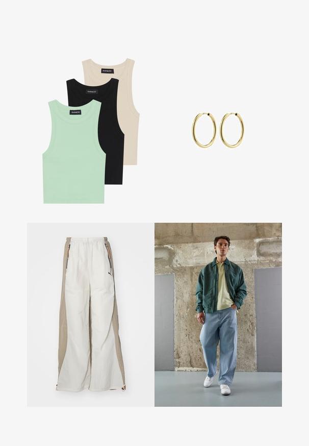 Tri majice bez rukava u boji mente, crnoj i bež boji; izrađene od rebraste tkanine s okruglim izrezom. Vidljiva oznaka branda.; Bijele i bež lagane hlače s teksturiranim završetkom, s elastičnom stražnjom trakom, bočnim džepovima i malim crnim logotipom.; Zelena bomber jakna preko svijetložutog polo majice, uparenih s labavim plavim trapericama i bijelim tenisicama. Glatki materijali, opušteni kroj, minimalna dodatna oprema.; Zlatne metalne hoop naušnice s glatkom završnom obradom, okruglog oblika i sigurnim kopčanjem. Polirana površina bez vidljivih uzoraka ili akcenata.