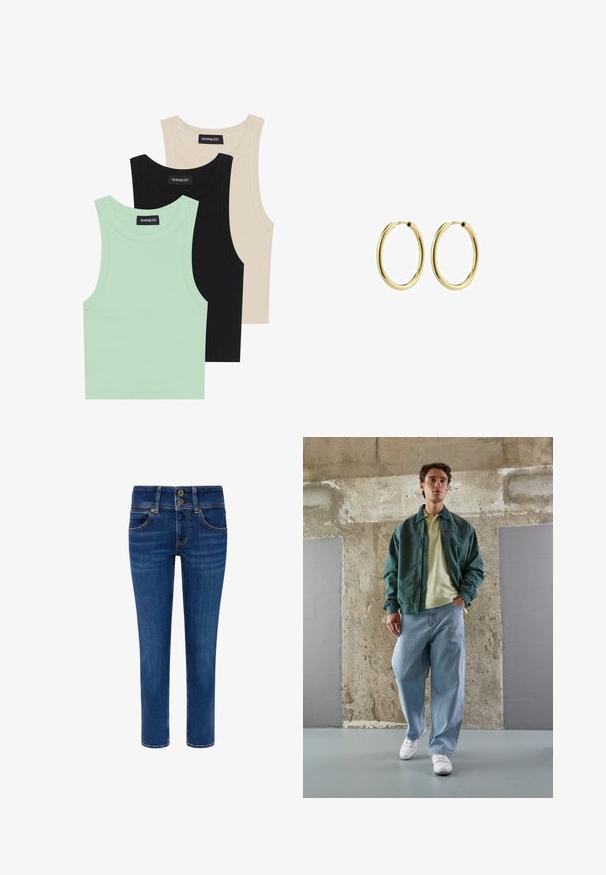 Tričko bez rukávov v mätovej zelenej, čiernej a béžovej farbe; vyrobené z rebrovanej tkaniny s okrúhlym výstrihom. Viditeľná značka značky.; Tmavomodré džíny z denimu so rovnými nohavicami, zapínaním na dva gombíky a dizajnom so štyrmi vreckami. Obsahujú jemné priehlbiny a detaily šitia.; Zelená bomberová bunda cez svetlo žltý polo tričko, v kombinácii s voľnými modrými džínsami a bielymi teniskami. Hladké látky, uvoľnený strih, minimálny hardware.; Zlaté kovové kruhové náušnice s hladkým povrchom, kruhovým tvarom a bezpečným zapínaním. Leštený povrch bez viditeľných vzorov alebo akcentov.