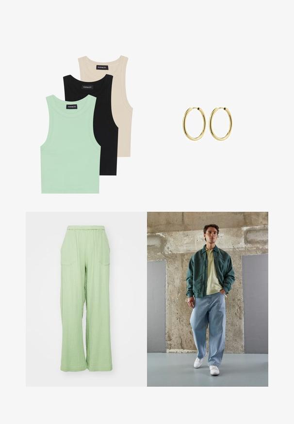 Drie tanktops in mintgroen, zwart en beige; gemaakt van ribbelstof met een ronde halslijn en zonder mouwen. Merkenlabel zichtbaar.; Lichtgroene, wijdvallende broek met een elastische tailleband, gestructureerde stof en twee voorzakken. Het ontwerp heeft een ontspannen pasvorm.; Groene bomberjack over een lichtgele polo, gecombineerd met losse blauwe jeans en witte sneakers. Glad materiaal, ontspannen pasvorm, minimale hardware.; Gouden metalen oorringen met een gladde afwerking, circulaire vorm en een veilige sluiting. Gepolijste oppervlakte zonder zichtbare patronen of accenten.