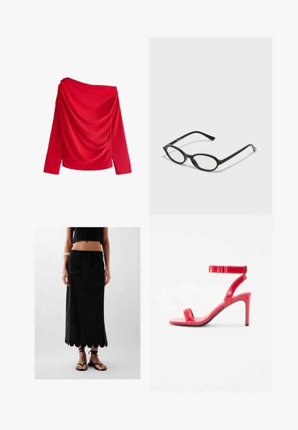 Červený top bez ramínek s dlouhými rukávy. Má volně splývající látku na přední straně a hladkou texturu. Jednoduchý, elegantní design.; Černá lněná sukně s vlnitým lemem a dvěma kapsami s akcenty ve tvaru vlnky; zkombinováno s černými plochými sandály.; Červená sandálová obuv na vysokém podpatku s lesklým lakovaným povrchem, nastavitelním páskem kolem kotníku a dvěma tenkými předními pásky. Lehký a elegantní design.; Černé brýle oválného tvaru s průhlednými purpurovými akcenty na čočkách. Rám má matný povrch a štíhlé, rovné nožičky.