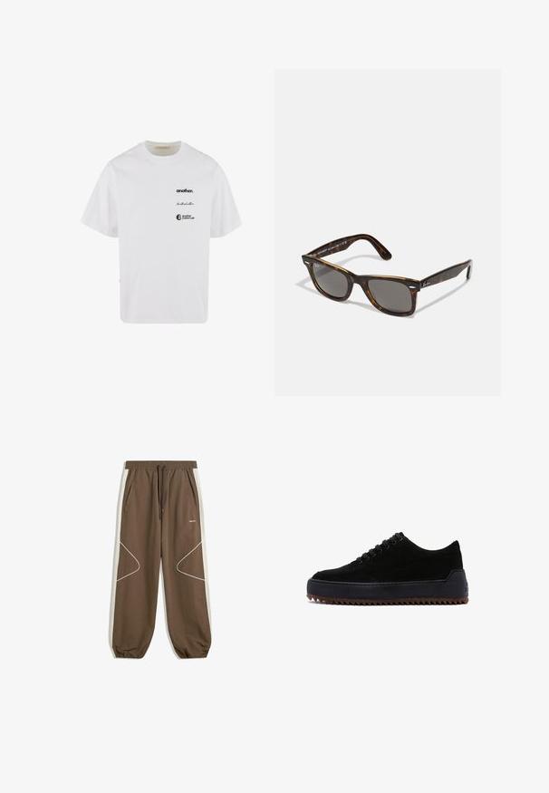 Biała bawełniana koszulka z okrągłym dekoltem, krótkimi rękawami i trzema nadrukowanymi logo: "another." oraz "Another Cotton Lab" w czerni.; Brązowe joggery z elastycznym paskiem, kieszeniami bocznymi oraz kontrastowymi kremowymi panelami bocznymi z białymi przeszyciami i zakrzywionymi wzorami.; Czarne sneakersy wykonane z zamszu i gumy, z uniesioną, ząbkowaną brązową podeszwą, zaokrąglonym noskiem oraz sześcioma przelotkami na sznurówki.; Słoneczne okulary w kolorze żółwia z szarymi soczewkami i kwadratową oprawą, z metalowymi akcentami na zausznikach i logo w ramach projektu.