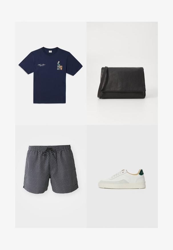 Námornícky modré bavlnené tričko s krátkym rukávom, s grafikou naskladaných kaziet a textom "Killing Bees" na hrudi.; Čierne plavky s bielym kruhovým vzorom, elastický pás s šnúrkou a voľný strih pre pohodlie.; Biele tenisky s semišovými akcentmi, zaoblenou špičkou, plochými šnúrkami a krémovou gumovou podrážkou. Na päte sú zelené značky.; Čierna kožená kabelka na rameno s textúrovaným povrchom, preklápacou chlopňou a štíhlym ramenným popruhom, s minimalistickým dizajnom a bez viditeľného kovania.