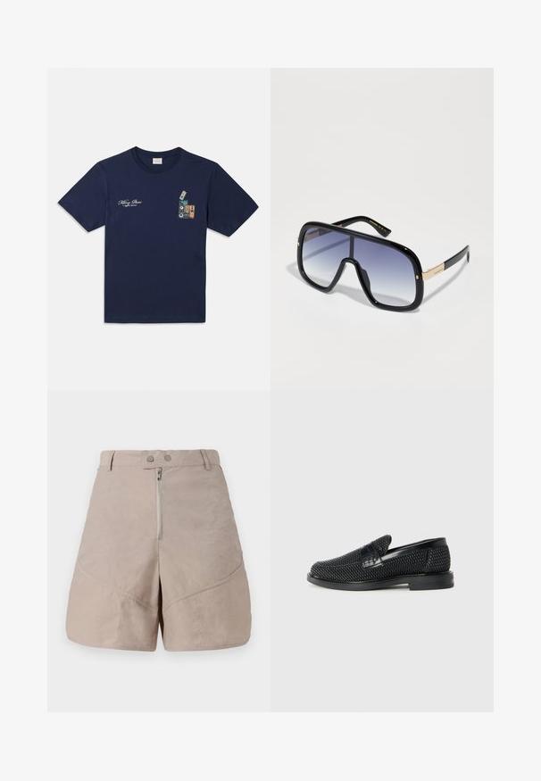 Navyblauw katoenen T-shirt met korte mouwen, voorzien van een grafisch ontwerp van gestapelde cassettebandjes en de tekst "Killing Bees" op de borst.; Beige shorts van een gladde, gestructureerde stof. Voorzien van een ritssluiting aan de voorkant, twee knoopsluitingen en diagonale stikseldetails.; Zwartegeweven instap schoenen met een glad leren accent aan de bovenkant, een ronde neusontwerp en een laag profiel rubberen zool.; Overmatige zwarte zonnebril met een vervagende paarse lens, glanzende afwerking en gouden accenten op het oortje. Rechthoekig frame.