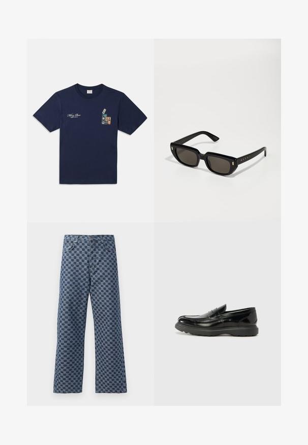 T-shirt in cotone blu navy con maniche corte, caratterizzato da una grafica di cassette sovrapposte e dal testo "Killing Bees" sul petto.; Jeans in denim blu con un motivo geometrico ripetuto, cinque tasche, chiusura con bottone e gamba svasata.; Mocassino in pelle nera con finitura lucida, punta arrotondata, dettagli di cucitura sottili e suola in gomma spessa per una maggiore durata.; Marni ETEZEA UNISEX - Occhiali da sole - black