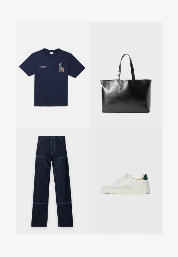 Tamsiai mėlynas medvilninis T-shirt su trumpomis rankovėmis, su grafika, vaizduojančia sukrautas kasetes ir tekstu "Killing Bees" krūtinėje.; Tamsiai mėlynos džinsinės kelnės su laisvu siluetu, su kontrastingais šviesiai mėlynais siūlais ir keliais kišenės ant kojų. Tiesios kojinės dizainas.; Baltos sportbačiai su zomšos akcentais, apvaliu nosiu, plokščiais raišteliais ir kreminės spalvos guminiu padu. Ant kulno yra žalia ženklinimo detalė.; Juodas lygus odinis rankinukas su dviem petnešomis, stačiakampio formos, su subtiliomis siūlėmis ant balto fono.