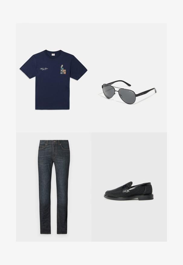 Tumed sinise värvi puuvillane T-särk lühikeste varrukatega, mille rindu kaunistab graafika kuhjatest kaubandusteipidest ja tekst "Killing Bees".; Tumed sinised teksad sirge lõikega, nupuga kinnitamine ja viis taskut. Kanga pind on sile, millel on peened õmbluse detailid.; Must musta kootud slip-on king, millel on pehme nahast accent ülaserval, ümmargune varvas ja madal profiiliga kummitald.; Mustad aviator-prillid tumedate läätsede, õhukese metallraami ja saledate plastikvarsadega, millel on logo aktsendid.