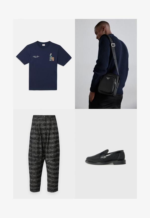 Navy blue cotton t-shirt with short sleeves, featuring a graphic of stacked cassette tapes and the text "Killing Bees" on the chest.; Houndstooth-patterned black and gray cropped trousers with a high waist, pleats, and front pockets. Made from textured fabric.; Black woven slip-on shoe with a smooth leather accent on the upper, a round toe design, and a low-profile rubber sole.; Black leather crossbody bag with a zippered compartment, logo detail, and a branded adjustable strap. Worn against a textured navy sweater.