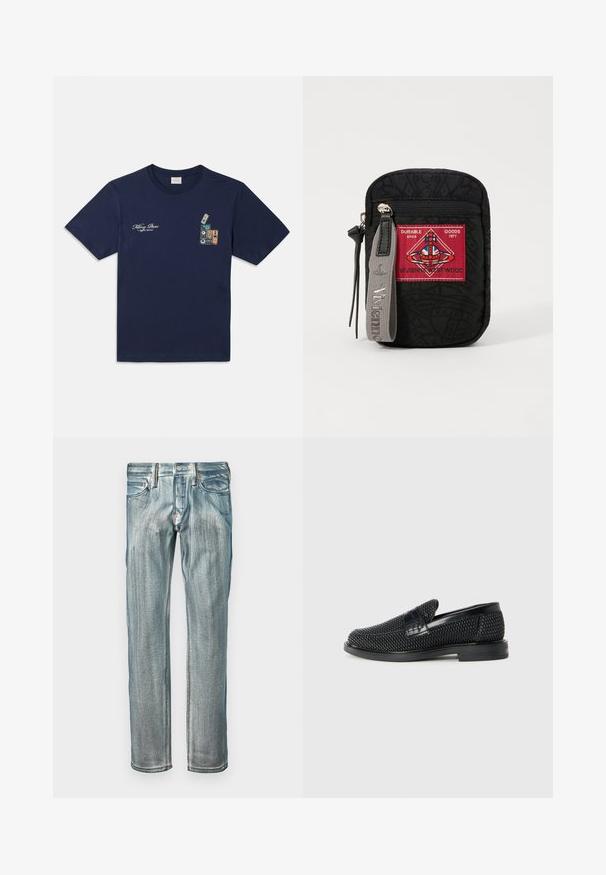 Camiseta de algodón azul marino de manga corta, con un gráfico de cintas de casete apiladas y el texto "Killing Bees" en el pecho.; Jeans de mezclilla azul con corte recto, que presentan un acabado desgastado, cinco bolsillos y detalles metálicos en color cobre en la cinturilla.; Zapato negro de tejido con un acento de cuero suave en la parte superior, diseño de punta redonda y suela de goma de perfil bajo.; Bolso negro con tela texturizada, presenta un parche rojo con el logo, cierre de cremallera y una correa gris con el nombre de la marca en relieve.