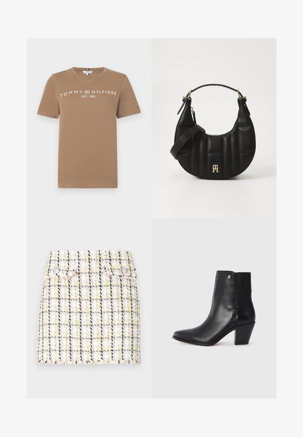 T-shirt en coton marron à manches courtes, avec le texte logo blanc "TOMMY HILFIGER EST. 1985" sur le devant et un petit accent logo sur la manche.; Mini-jupe en tweed avec un motif à carreaux multicolore, un ourlet effiloché et deux accents de boutons métalliques à l'avant.; Botte de cheville en cuir noir avec un bout pointu, des panneaux latéraux élastiques et un talon carré. Présente un petit accent logo doré.; Sac à main en cuir noir avec une forme incurvée, texture matelassée et quincaillerie dorée. Dispose d'une bandoulière amovible et d'un détail de logo.