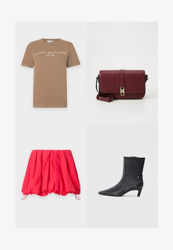 Pruun puuvillane T-särk lühikeste varrukatega, mille esiosas on valge logo tekst "TOMMY HILFIGER EST. 1985" ja varrukal väike logo aktsent.; Punane, voltidega mini seelik, mis on valmistatud kerge kangaga; omaduseks on elastne alläär reguleeritava sobivuse jaoks kinnituspaeltega. Sile tekstuur.; Mustad musta nahast pahkluusaapad, millel on terav nina ja madal konts. Omab siledat tekstuuri ja väikest kuldset logo detaili küljel.; Tommy Hilfiger LIBRE FLAP CROSSOVER - Ülerinna-kott - deep rouge