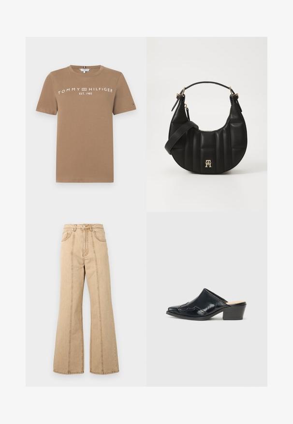 Hnědé bavlněné tričko s krátkými rukávy, na přední straně s bílým textem loga "TOMMY HILFIGER EST. 1985" a malým akcentem loga na rukávu.; Béžové široké džíny s vysokým pasem, pěti kapsami a kontrastním prošíváním pro zvýraznění detailu. Bavlněná látka s hladkou strukturou.; Černé lakované muly s špičatou špičkou, zakřiveným designem a nízkým blokovým podpatkem, který má dekorativní prošívání na svršku.; Černá kožená kabelka s zakřiveným tvarem, prošívanou texturou a zlatými detaily. Obsahuje odnímatelný ramenní popruh a detail s logem.