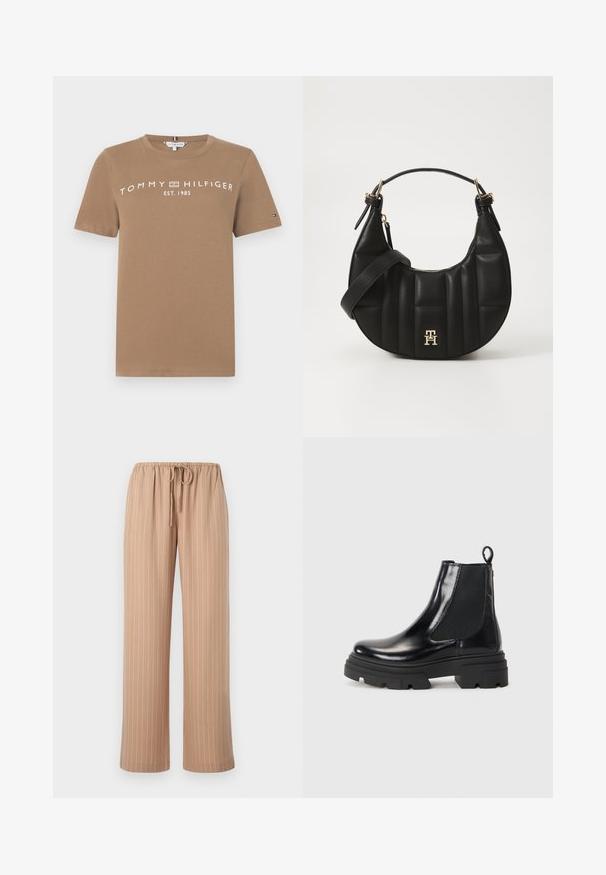 Brun bomulls t-skjorte med korte ermer, med hvit logo tekst "TOMMY HILFIGER EST. 1985" på forsiden og en liten logo aksent på ermet.; Beige vide bukser med snøre i taljen, prydet med lodrette hvide striber, lavet af et glat, let stof.; Sorte ankelstøvler i læder med et strømlinet design, elastiske sidepaneler og en kraftig sort sål. Har en trækflig bagpå for nem påtagning.; Svart skinnhåndveske med en buet form, kviltet tekstur og gullhardware. Har en avtagbar skulderrem og logo-detaljer.