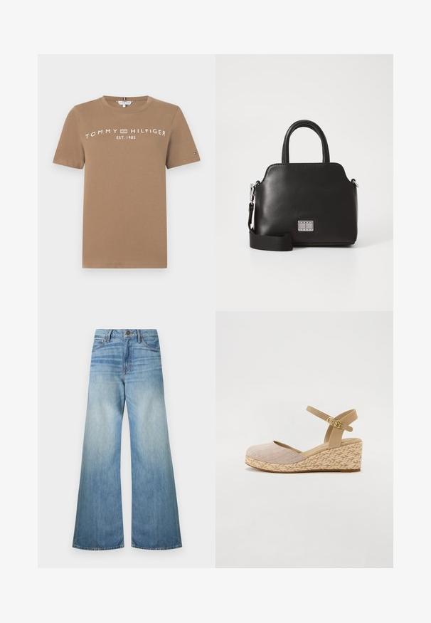 Barna pamut póló rövid ujjakkal, elöl fehér logó szöveggel TOMMY HILFIGER EST. 1985, valamint egy kisebb logó akcentussal az ujján.; Világoskék, bőszárú farmernadrág, standard cipzárral, öt zsebbel és kissé elhalványult felülettel, finom koptatott részletekkel.; Beige espadrille magassarkú szandál, texturált anyagból készült felsőrésszel és állítható bokapánttal; jutából készült középtalp, lapos gumitalp.; Fekete szintetikus kézitáska, felső fogantyúkkal, levehető vállpánttal, kerek formával, sima textúrával és ezüst logóval az elején.