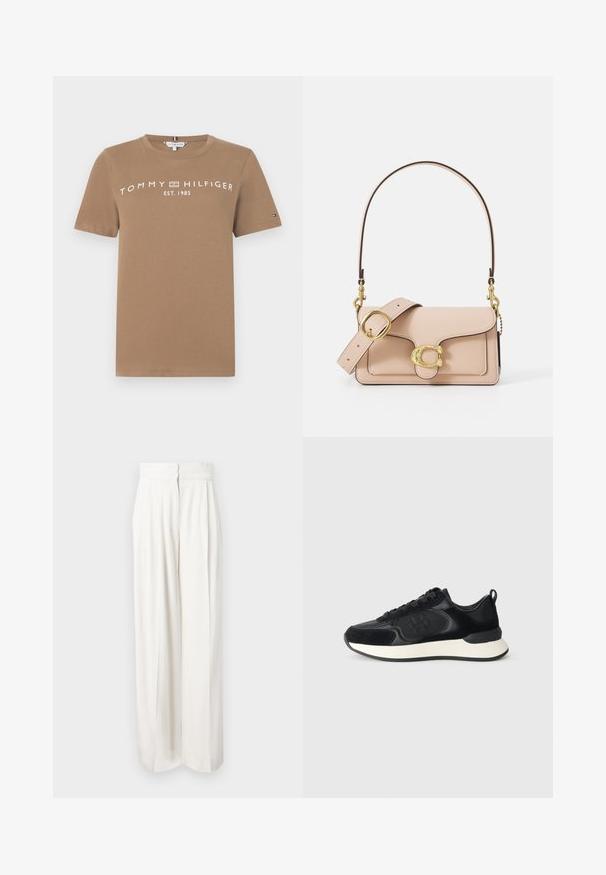 Camiseta de algodón marrón de manga corta, con el texto de logo blanco "TOMMY HILFIGER EST. 1985" en la parte frontal y un pequeño acento de logo en la manga.; Pantalones de pierna ancha de talle alto en tejido blanco sólido. Presentan una textura suave con pliegues en la parte delantera y una cremallera oculta en la parte trasera.; Zapatilla deportiva negra con parte superior de cuero liso, acentos de ante, punta redonda y una entresuela blanca en contraste. Presenta cierre con cordones y detalle de logo.; Bolso de mano de cuero de color rosa claro con una solapa curva, herrajes dorados y una correa desmontable con un acento de cadena. Superficie lisa y costuras de precisión.