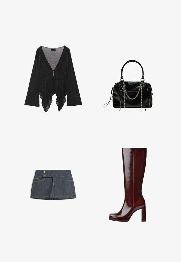 Čierna priehľadná blúzka s dlhými zvonovými rukávmi, hlbokým výstrihom do V a detailom na viazanie vpredu. Obsahuje prúdený, vrstvený lem s jemnou textúrou.; Tmavé džínsové sukne s vysokým pásom, ktorá má dve predné vrecká, zapínanie na gombík a kontrastné švy pozdĺž okrajov.; Kožené čižmy do výšky kolien v lesklej burgundskej farbe so štvorcovou špičkou, vyvýšenou platformou a robustným blokovým podpätkom. Hladký povrch s minimálnymi detailmi.; Bershka WITH CHAIN - Kabelka - black