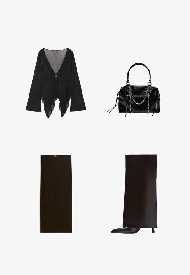Čierna priehľadná blúzka s dlhými zvonovými rukávmi, hlbokým výstrihom do V a detailom na viazanie vpredu. Obsahuje prúdený, vrstvený lem s jemnou textúrou.; Čierna sukňa z látky s rovný strihom, hladkou textúrou a skrytým pásom, bez ďalších vzorov alebo kovových akcentov.; Čierne čižmy po kolená z hladkej kože, s špicatou špičkou a úzkym podpätkom. Minimalistický dizajn s elegantným, štruktúrovaným siluetou.; Bershka WITH CHAIN - Kabelka - black