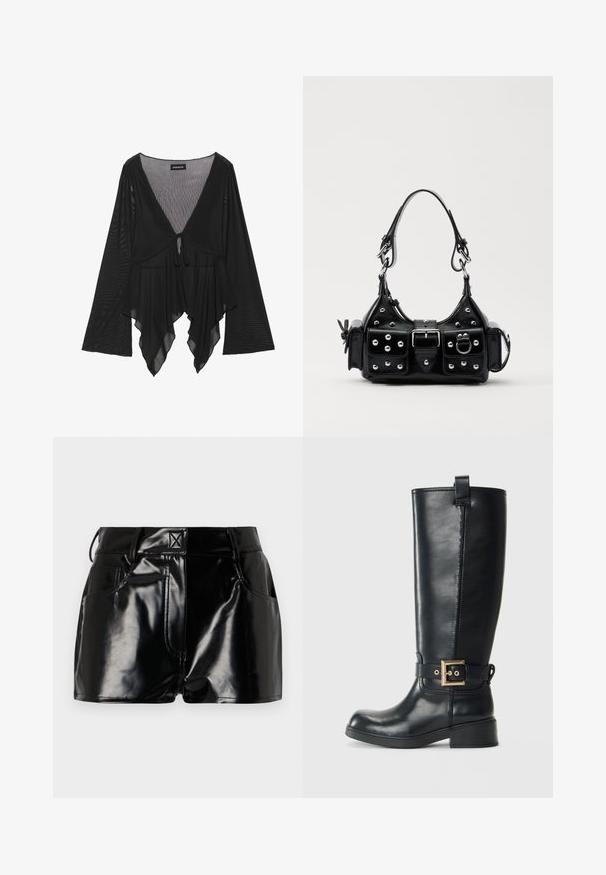 Črna prosojna bluzica z dolgimi zvonastimi rokavi, globokim V-izrezom in detajlom zavezovanja spredaj. Ima tekoč, večplastni rob s subtilno teksturo.; Črne, sijoče kratke hlače iz sintetičnega materiala. Imajo prilegajoč pas, zanke za pas in sprednje žepe z izrazitimi šivi.; Črne usnjene škornje do kolen z nizko blokasto peto, okrasnim zlatim paščkom okoli gležnja in z zanko za pomoč pri obuvanju na vrhu.; Črna usnjena torbica s ukrivljenim dizajnom, ki vsebuje srebrne žebljičke, zaponko in dve stranski žepki. Nastavljiv trak za različne možnosti nošenja.