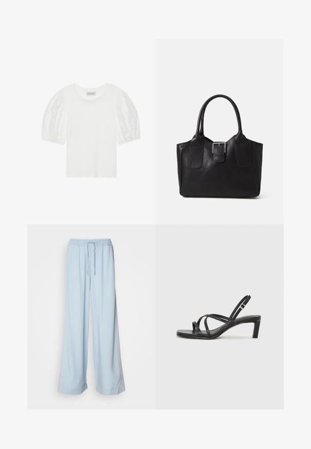 White cotton t-shirt featuring sheer, embroidered puff sleeves. Classic round neck design with a relaxed fit. Simple and modern aesthetic.; Light blue wide-leg pants with an elastic waistband and drawstring, featuring a smooth fabric and subtle stitching detail on the sides.; Black strappy sandal with a square toe and a low block heel. Features multiple thin straps and an adjustable ankle strap. Made of smooth leather.; Black leather tote bag with smooth texture, structured shape, two handles, and a prominent silver buckle detail on the front.; Silver double-band ring with a smooth, polished surface. Features a fluid, curved design with overlapping sections for a modern look.