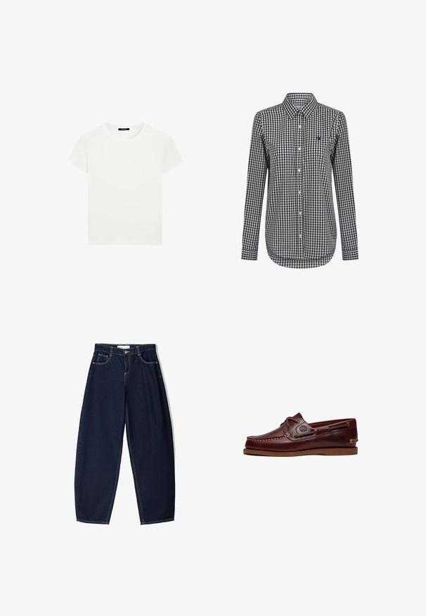 Schlichtes weißes T-Shirt mit kurzen Ärmeln und Rundhalsausschnitt in schlanker Passform, flach vor einem weißen Hintergrund präsentiert.; Langärmliges kariertes Hemd in Schwarz und Weiß, mit Button-Down-Kragen und abgerundetem Saum. Enthält ein kleines Logo auf der Brust.; Dunkelblaue Jeanshose mit lockerer Passform, ausgestattet mit fünf Taschen, kontrastierenden Nähten und einem Reißverschluss vorne.; Braune Lederbootsschuhe mit einer abgerundeten Zehe, gestickten Details, kontrastierender beigefarbener Sohle und Metallösen für die Schnürsenkel. Zeitloses Design.