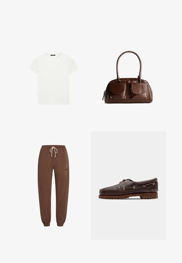 Rak vit kortärmad t-shirt med rund halsringning och slim fit, lagd platt mot en vit bakgrund.; Långärmad rutig skjorta i svart och vitt, med en knapp-under krage och en rundad fåll. Inkluderar en liten logotyp på bröstet.; Bruna sweatpants gjorda av mjukt tyg, med elastisk midja med dragsko, smalnande ben och en logotypdetalj på sidan.; Bruna lädersko med båtstil, guldögon, runda skosnören och en texturerad brun gummisula. Har sydda detaljer och en upphöjd logotyp.; Brun läderhandväska med två framfickor med klaff, rundade handtag och en dragkedja på sidan mot en vit bakgrund.