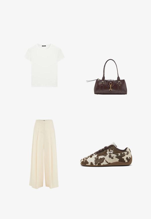 Plain white short-sleeve crew neck t-shirt with a slim fit, displayed flat against a white background.; Wide-leg trousers in light beige fabric, featuring pleated front design, high waist, and smooth texture. No visible hardware or patterns.; Brown and cream cow-print sneakers with suede material, round toe, and rubber outsole. Features laces and Puma logo on the side.; Dark brown leather handbag with two top handles, gold hardware accents, a front clasp detail, and stitched textures on the sides.