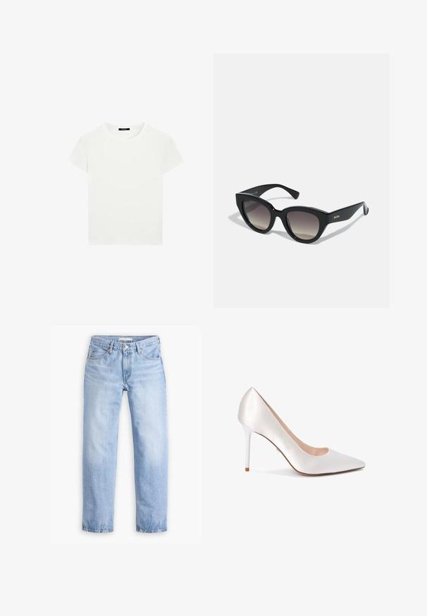 Plain white short-sleeve crew neck t-shirt with a slim fit, displayed flat against a white background.; Light blue denim jeans with a straight-leg design, five pockets, and a mid-rise waist. Features a faded texture and stitched hem.; Pointed-toe high heel shoe in satin white material, featuring a sleek silhouette and a glossy white stiletto heel.; Black cat-eye sunglasses with a glossy finish, gradient lenses, wide frames, and engraved "MaxMara" logo on the side.; Cream leather handbag with a crescent shape, gold hardware, black accents, and a removable strap. Features a chain detail and tag.