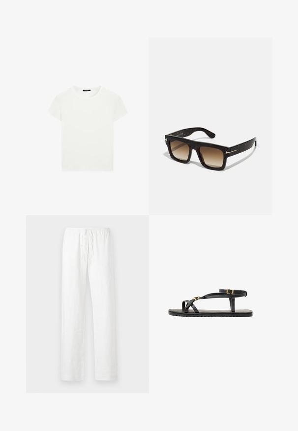 Plain white short-sleeve crew neck t-shirt with a slim fit, displayed flat against a white background.; White linen pants with a relaxed fit, elastic drawstring waistband, and straight legs; smooth texture and lightweight fabric.; Black leather sandals with thin straps and a buckled ankle strap. Flat sole with a textured finish and zigzag edge. Minimalist design.; Tortoiseshell sunglasses with a square frame, gradient brown lenses, and subtle gold hardware accents on the temples.; Black leather bucket bag with drawstring closure, featuring a glossy "CK" logo on the front and gold-tone hardware accents.