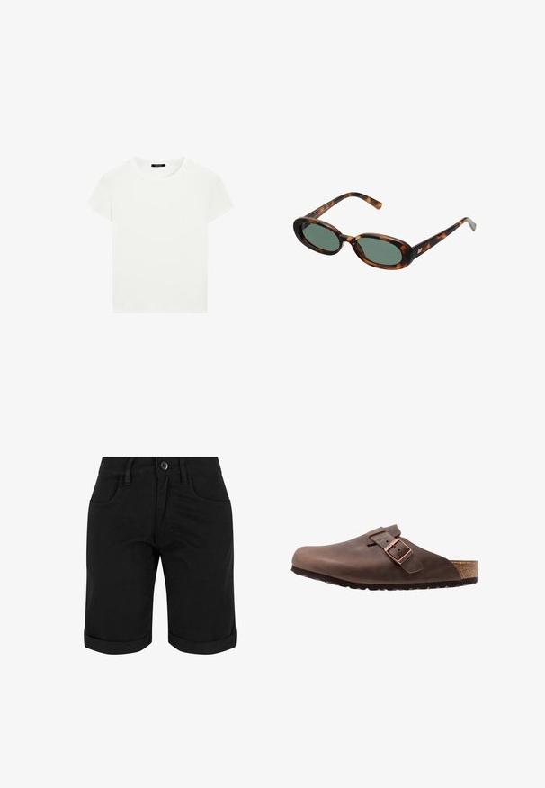 Jednoduché bílé tričko s krátkým rukávem a kulatým výstřihem, slim fit, vystavené rovně na bílém pozadí.; Černé bavlněné šortky s knoflíkovým zapínáním, s ohrnutými lemy, dvěma předními kapsami a hladkým povrchem.; Hnědé kožené dřeváky s širokou špičkou, nastavitelným páskem s kovovou přezkou a korkovo-latexovou stélkou. Gumová podrážka s protiskluzovým vzorem.; Sluneční brýle ve hmotě želvoviny s oválnými obroučkami a zelenými čočkami. Mají tenké stranice s metalickým akcentem u závěsů.; Černá kožená kabela ve tvaru kyblíku s utažením na šňůru, s lesklým logem "CK" na přední straně a zlatými kovovými detaily.