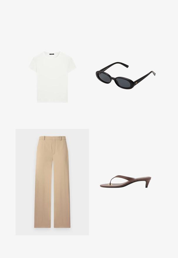 T-shirt blanc uni à manches courtes et col ras du cou, ajusté, présenté à plat sur un fond blanc.; Pantalons beiges en tissu lisse, présentant une coupe droite, des passants de ceinture et un pli subtil à l'avant pour apporter de la structure.; Sandale à talons brune avec une fine lanière et un entre-doigts arrondi, arborant un petit accent doré sur le semelage.; Lunettes de soleil noires surdimensionnées avec des verres ovoïdes, monture en plastique lisse et accents dorés sur les tempes. Les verres sombres offrent une protection contre le soleil.