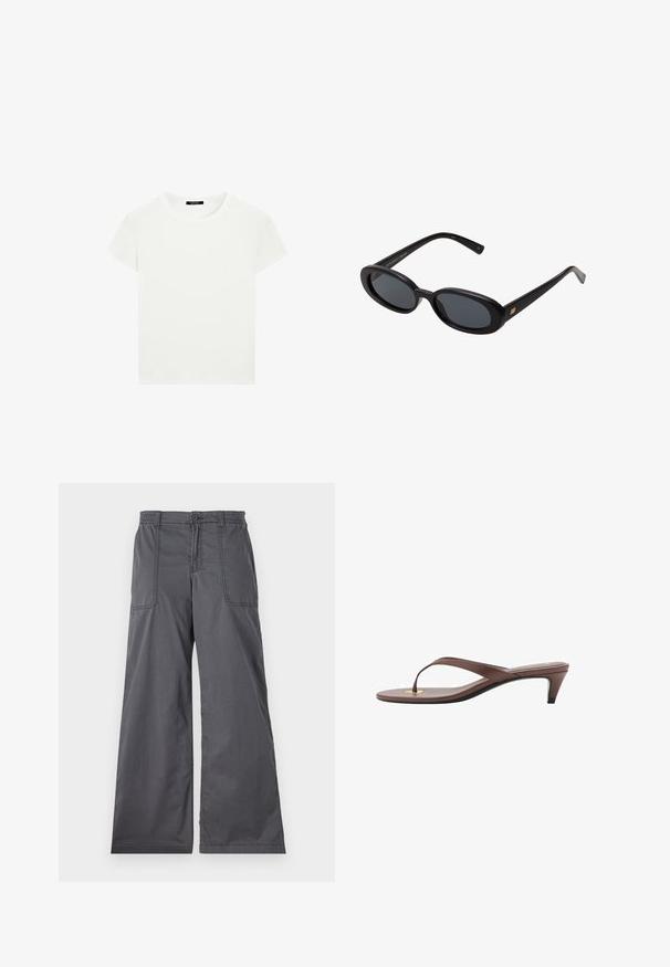 Jednoduché bílé tričko s krátkým rukávem a kulatým výstřihem, slim fit, vystavené rovně na bílém pozadí.; Šedé široké kalhoty s hladkou texturou, které mají přední kapsy, zapínání na knoflík a prošité detaily podél švů.; Hnědé sandály s podpatkem a tenkým páskem, zaoblenou špičkou a malým zlatým akcentem na stélce.; Černé oversized sluneční brýle s oválnými čočkami, hladkým plastovým rámem a zlatými akcenty na spáncích. Tmavé čočky poskytují ochranu před sluncem.; Měkká hnědá kabelka ve stylu hobo s jedním širokým popruhem a zakřiveným horním otvorem, vystavená na bílém pozadí.