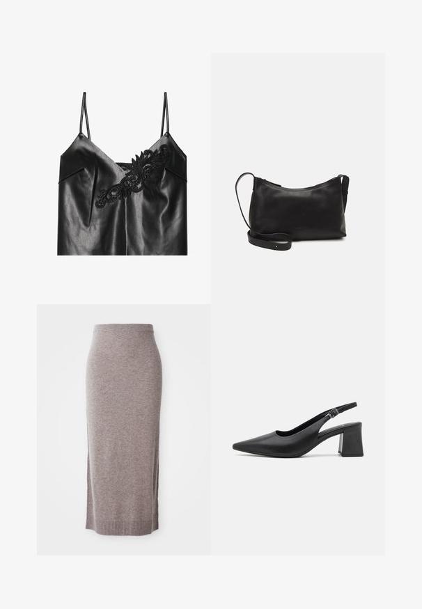 Mustast nahkatoote kampsun, millel on õhukesed rihmad, kaunistatud keeruka musta tikandiga dekolteel ja sileda, läikiva tekstuuriga.; Põlvikuni ulatuv taupe värvi kudumisseelik, millel on soonikkoes vöökoht ja äär, ning külgslitsid lisamugavuseks ja stiiliks.; Must mustrakk mustraali pehmedest nahast tossud terava nina ja paksu plokknööbiga. Omab reguleeritavat rihma metallklambriga.; Mustmust nahk õlakotil on sile tekstuur, kumer kuju, reguleeritav rihm ja lukuga sulgemine. Minimalistlik disain ilma kaunistusteta.