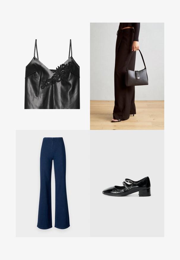 Top en cuir noir à bretelles fines, avec une broderie noire délicate au niveau du col et une texture lisse et brillante.; Jean évasé bleu foncé en denim avec une taille élastique. Présente une texture lisse et une coupe large qui s'étend jusqu'à l'ourlet.; Chaussures Mary Jane en cuir verni noir avec un bout pointu, deux sangles ajustables avec quincaillerie circulaire, et un petit talon carré.; Sac à main noir à la forme structurée, texture lisse et fermoir métallique. Associé à un pantalon noir ample et des sandales ouvertes sur un sol en bois.; Ensemble de cinq boucles d'oreilles en or, avec des designs variés : surfaces torsadées, striées et lisses en formes de créoles et de croissants.