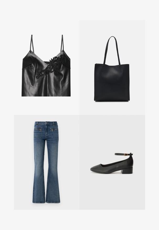 Fekete műbőr camisole állítható spagetti pántokkal és bonyolult fekete virágmintás hímzéssel az elején.; Fellábú, kék farmernadrág közepes derékkal, elülső és hátsó zsebekkel, finoman kopott mosással.; Fekete bőr magassarkú cipő hegyes orral és alacsony tömb sarkal. Bokapánttal rendelkezik, aranyszínű csattal. Simább textúra.; Fekete bőrtáska sima felszínnel, téglalap alakú, két hosszú füllel. Nincs látható fémkiegészítő vagy díszítés.