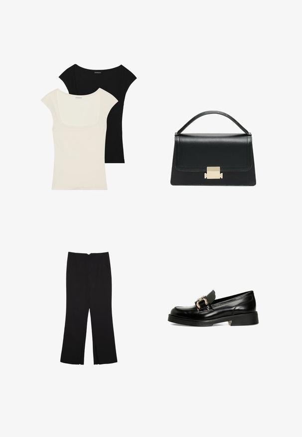 Dwa dopasowane topy z krótkim rękawem: jeden czarny, a drugi w kolorze ecru. Oba mają kwadratowy dekolt oraz prążkowaną strukturę, z gładkim wykończeniem.; Czarne spodnie o prostym kroju, z przednimi kieszeniami i bocznymi rozcięciami na dole. Wykonane z miękkiego, gładkiego materiału. Odpowiednie na różne okazje.; Czarne skórzane mokasyny z ozdobną złotą klamrą. Posiadają gładką powierzchnię, okrągły czubek oraz niski słupkowy obcas z teksturowaną podeszwą.; Czarna skórzana torebka o zorganizowanej konstrukcji, z górną rączką i złotym metalowym zapięciem z przodu. Gładka faktura, minimalne przeszycia.
