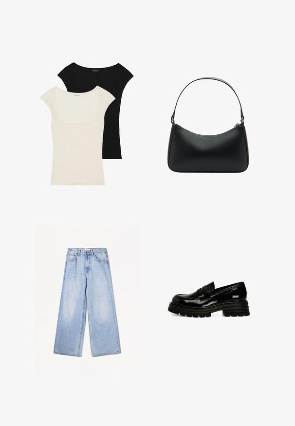 Kaksi mukautettua lyhythihaista paitaa: yksi musta ja yksi off-white. Molemmissa on neliönmuotoinen kaula-aukko ja ribbi pintakuvio, sekä sileä viimeistely.; Bershka WIDE-LEG - Leveälahkeiset - light-blue denim; Musta patenttinen nahka loaferit paksulla kumipohjalla, sileällä pinnalla ja pienellä etuvaljastekniikalla. Ominaisuuksiin kuuluu matala profiili.; Mustat nahkaolkalaukku, jossa on kaareva muoto, yksittäinen litteä hihna ja yläosan vetoketjukiinnitys. Tasainen pinta, jossa on minimaalinen metalliosien määrä.