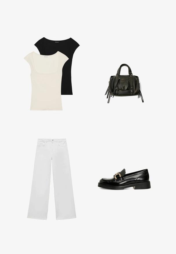 Dva prilagojena kratka topa: en črn in en off-white. Oba imata kvadratni izrez in rebrasto teksturo ter gladek zaključek.; Beli široki kavbojki iz denima s ravnim sprednjim delom, dvema sprednjima žepoma in gumbom za zapiranje, ki imajo ravno krojen hlačnic in brez vidnih vzorcev.; Črne usnjene loafer čevlje z okrasno zlatno zaponko. Imajo gladko površino, zaobljen nos in nizko blok peto z teksturirano podplatom.; Črna usnjena torba s pletenimi ročaji, žepom na zadrgo in visečimi resicami. Teksturična površina z kovinskimi okrasnimi studenčki in dodatki iz kovine.