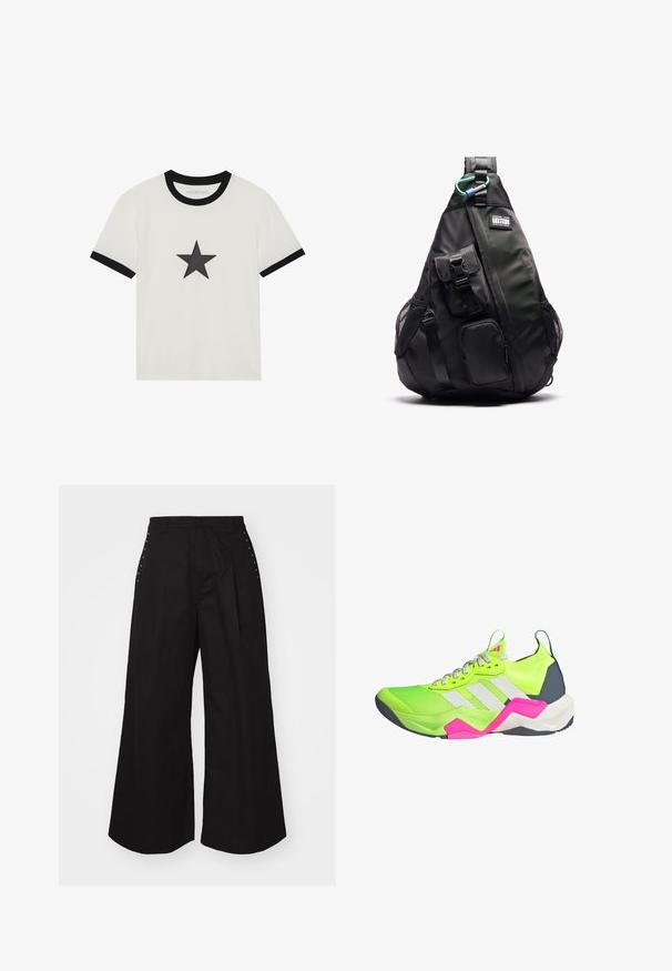 T-shirt blanc avec col rond et poignets noir ; comporte un graphique d'étoile noire au centre devant. Matériau en coton doux.; Pantalons larges noirs en coton, dotés de plis et de clous décoratifs sur le côté, avec une texture lisse et une taille classique.; Chaussure de sport néon verte avec des accents gris, trois rayures blanches et des détails roses. Elle présente un dessus texturé et une semelle rembourrée.; YOURTURN UNISEX - Sac à dos - black