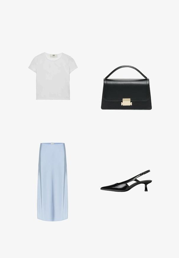 Weißes T-Shirt mit kurzen Ärmeln und Rundhalsausschnitt, aus weicher Baumwolle gefertigt, mit einem schlichten, sauberen Design ohne sichtbare Muster oder Akzente.; Seiden-Midi-Rock in Hellblau, mit glatter, glänzender Textur, geradem Schnitt und subtiler Ausstrahlung. Der Saum endet knapp unter dem Knie.; Schwarze Lackleder-Slingback-High Heels mit spitzer Zehenform, ausgeschnittenem Seitendesign und kleinem Blockabsatz. Glatte Textur mit minimalen Akzenten.; Schwarze Lederhandtasche mit strukturiertem Design, oberem Griff und einem goldenen Metallschnappverschluss auf der Vorderseite. Glatte Textur, minimale Nähte.