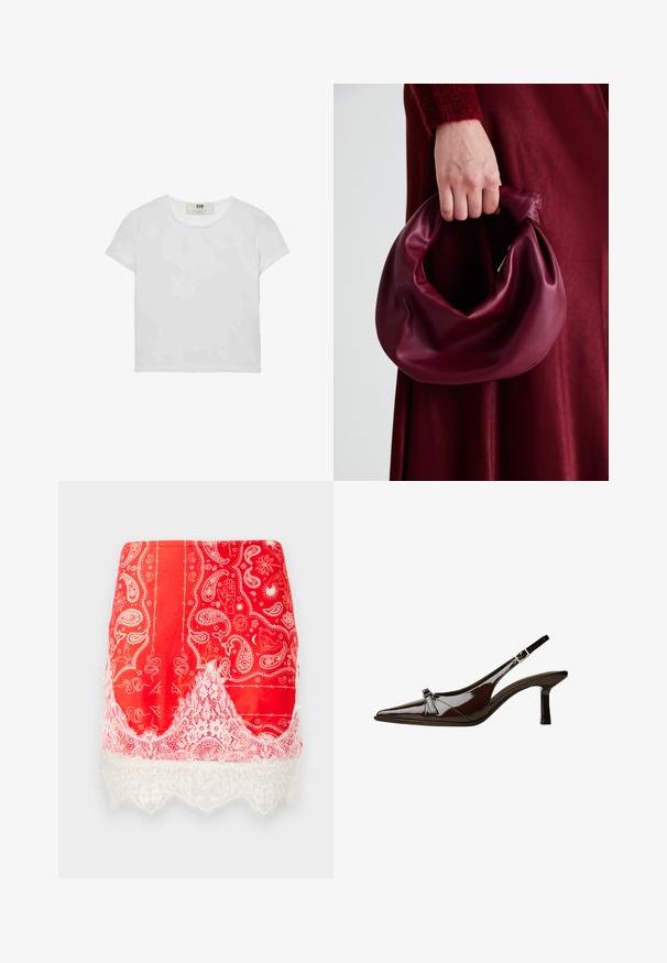 Kortærmet, rundhalset hvid t-shirt lavet af blød bomuld, med et simpelt, rent design uden synlige mønstre eller accenter.; Rød mini nederdel med hvide paisley- og mystiske mønstre, pyntet med hvid blomsterl Lace ved kanten.; Brun patentlæder slingback sko med spids tå, lav hæl og en dekorativ sløjfe foran. Glat, skinnende tekstur.; Bordeaux læderhåndtaske med et blødt, samlet design og en rund form. Håndtaget er sikret og viser en glat tekstur.