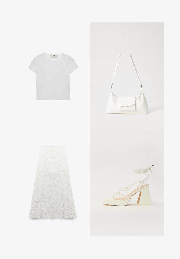 Witte t-shirt met korte mouwen en ronde hals, gemaakt van zachte katoen, met een eenvoudig, schoon ontwerp zonder zichtbare patronen of accenten.; Witte midi-rok met gebloemde textuurpatronen, een aansluitende taille en een uitlopende zoom. Gemaakt van lichte stof voor comfortabel dragen.; Witte hoge hakken sandaal met een chunky hak, met een bandjesontwerp en enkelband. Gladde textuur met een plateau voor extra hoogte.; Witte synthetische handtas met een driehoekige vorm, platte voorklep en strikdetail, verstelbare schouderriem, gladde textuur en minimalistisch ontwerp.