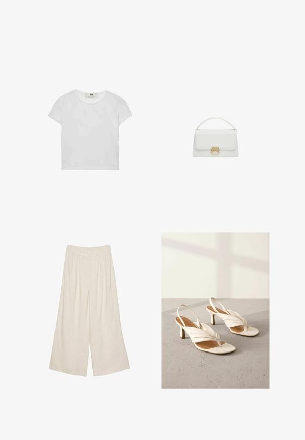 T-shirt bianco a maniche corte e girocollo, realizzato in cotone morbido, con un design semplice e pulito, privo di motivi o dettagli visibili.; Pantaloni larghi in lino di colore beige chiaro con un design plissettato e una vita elasticizzata per comfort e facilità d'uso.; Décolleté bianche in pelle con design anteriore attorcigliato, punta aperta e tacco blocco di altezza media. Texture liscia e accenti minimi.; Borsa a tracolla bianca in pelle con design strutturato, dotata di manico superiore e chiusura in metallo dorato. Texture liscia e accenti minimalisti.