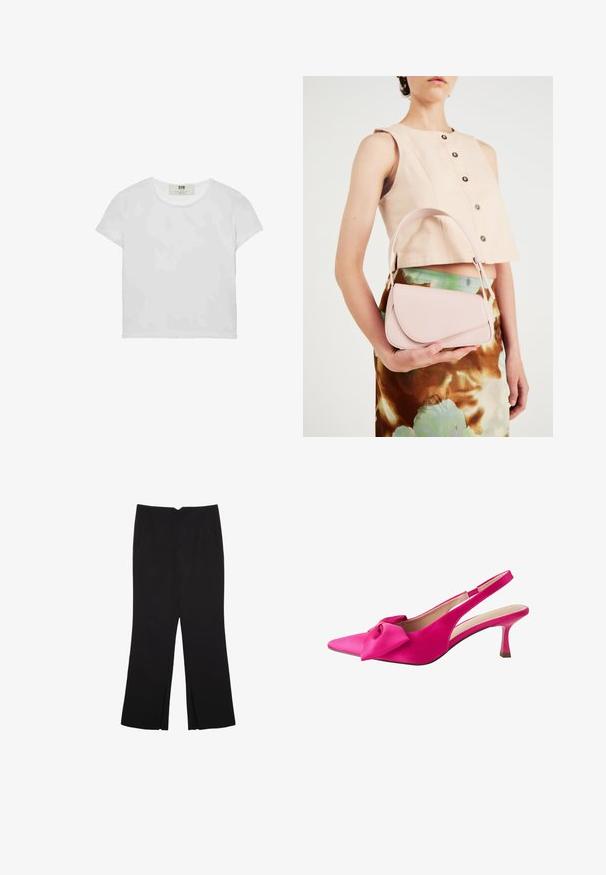 T-shirt blanc à manches courtes et col rond, en coton doux, avec un design simple et épuré, sans motifs ni accents visibles.; Pantalon noir avec une coupe droite, doté de poches avant et d'éclairs sur l'ourlet. Fabriqué en tissu doux et lisse. Convient à diverses occasions.; Next FOREVER COMFORT BOW REGULAR FIT - Escarpins - pink; Sac à main en cuir rose avec un rabat arrondi, une bandoulière unique et des lignes épurées. Le sac présente une texture lisse et un design minimaliste.
