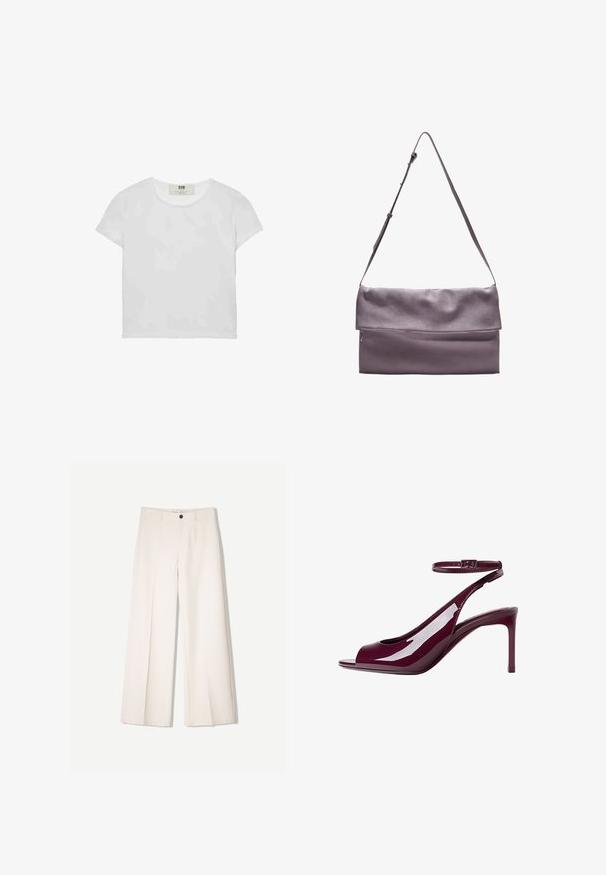 Bijela majica kratkih rukava s okruglim izrezom, izrađena od mekanog pamuka, s jednostavnim, čistim dizajnom bez vidljivih uzoraka ili akcenta.; Kreme hlače širokih nogavica s krojem koji je prilagođen, s dva prednja džepa i jednim prednjim zatvaranjem na gumb, izrađene od glatkog materijala.; Burgundska lakirana sandala s visokim potpeticama, otvorenom nožnom prstom, kaišem oko gležnja i elegantnom siluetom. Sjajni završni sloj poboljšava vizualnu privlačnost.; Sivi kožni crossbody torba s preklopom, koja ima prednju zip džep i podesivu traku za praktičnost.