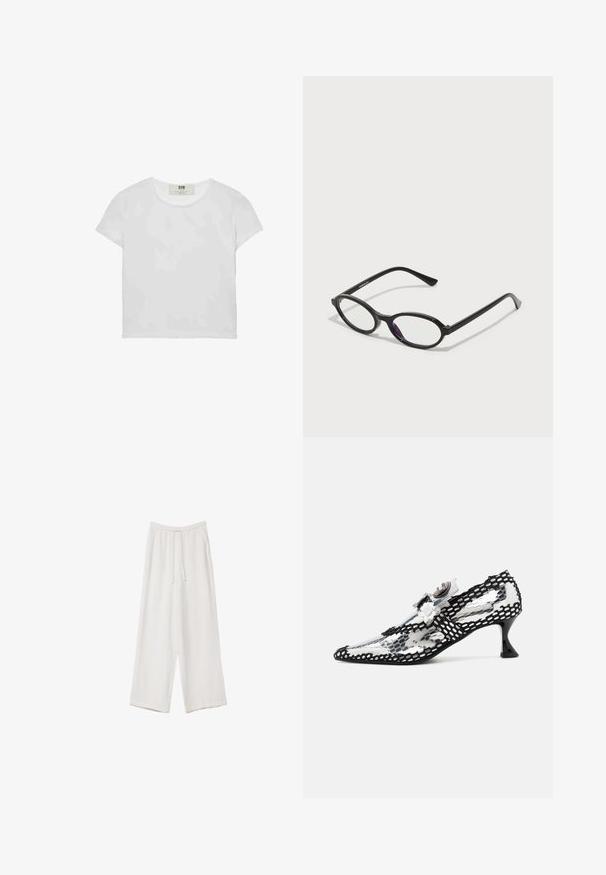 Biała koszulka z krótkim rękawem i okrągłym dekoltem, wykonana z miękkiej bawełny, charakteryzująca się prostym, czystym wzorem bez widocznych zdobień ani akcentów.; Białe spodnie o szerokich nogawkach wykonane z lekkiego materiału. Posiadają elastyczny pas z sznurkiem i boczne kieszenie. Gładka tekstura.; Przezroczyste buty na obcasie z czarno-białym wzorem na siateczce, spiczastym noskiem i małym, rozszerzającym się czarnym obcasem. Kwiatowe akcenty dodają charakteru wzornictwu.; Czarne okulary w owalnej oprawie z przezroczystymi fioletowymi akcentami na soczewkach. Oprawki mają matowe wykończenie oraz smukłe, proste zauszniki.; Czarna skórzana torba na ramię o zaokrąglonym kształcie, z połyskującym wykończeniem i srebrnymi akcentami. Osoba w czarnych spodniac wyszczuplających i znaczonymi loafersami.