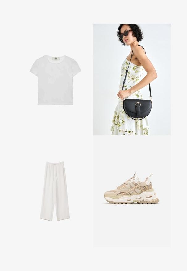 Biele tričko s krátkym rukávom a okrúhlym výstrihom, vyrobené z mäkkého bavlneného materiálu, s jednoduchým a čistým dizajnom bez viditeľných vzorov alebo doplnkov.; Biele široké nohavice vyrobené z ľahkej tkaniny. Obsahujú elastický pás so sťahovacou šnúrkou a bočné vrecká. Hladká textúra.; Beige tenisky s hrubou bielou podrážkou, sieťovinovými panelmi a tenkými béžovými pruhmi. Obsahujú polstrovaný golier a textúrované akcenty po celom povrchu.; Čierna kožená kabelka s zaobleným tvarom, odnímateľným popruhom a zlatými doplnkami. Kabelka má klopu s detailom s prackou.